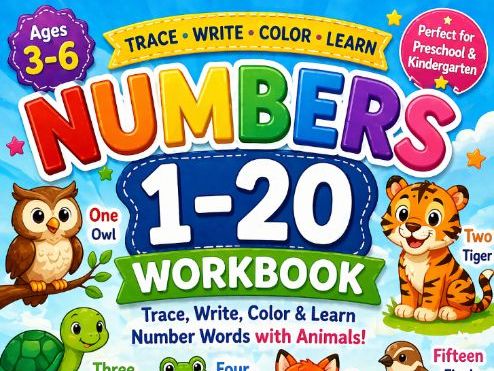 Numbers 1–20 Workbook | Trace, Write, Color & Number Words with Animals |