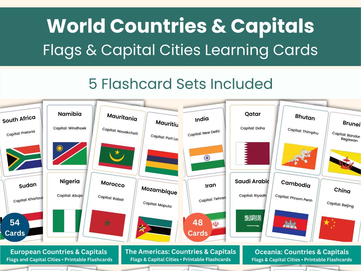 World Countries & Capitals – Flags & Capital Cities Learning Flashcards