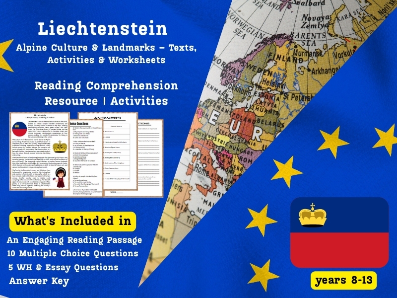 Liechtenstein Reading Comprehension Pack: Alpine Culture & Landmarks – Texts, Activities & Worksheet