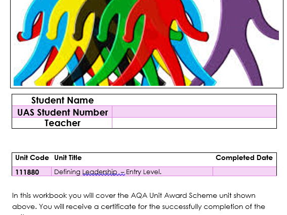 AQA Unit award (111880 Entry Level). Defining Leadership