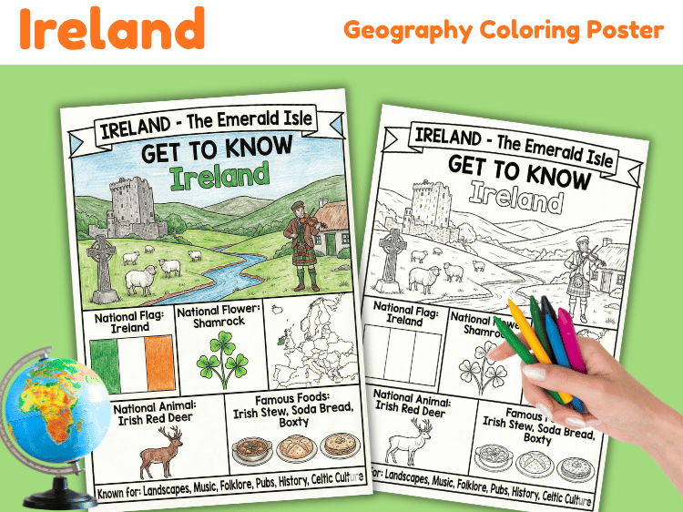 Ireland Geography Coloring Poster | Country Facts Worksheet