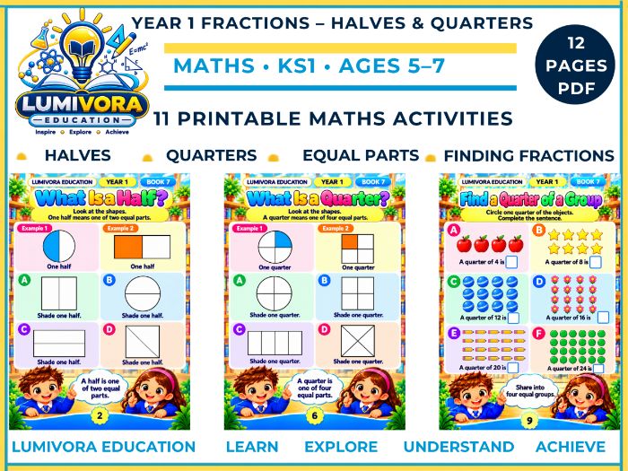 Year 1 Fractions Worksheets – Halves & Quarters | KS1 Maths