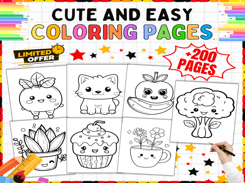 200+ Easy Colouring Pages Bundle | Cute Animals, Food & Nature | Fun Art Activities for Kids
