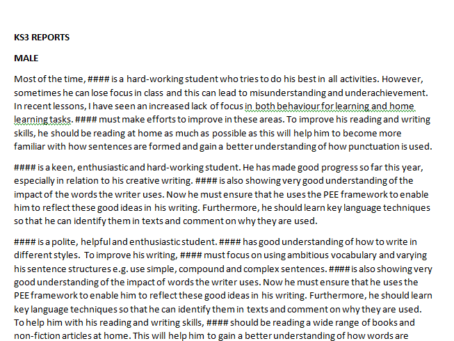 KS3 ENGLISH PUPIL REPORT COMMENTS