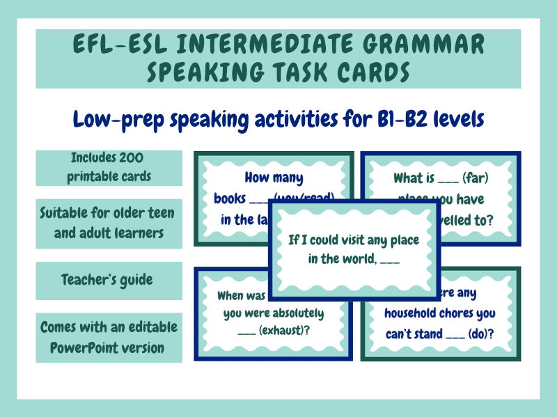 EFL-ESL Intermediate Grammar Speaking Task Cards Bundle
