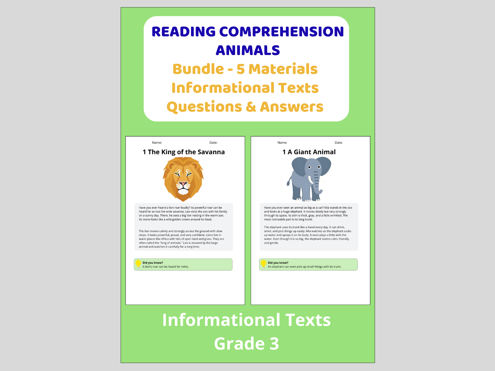 Reading Comprehension Animals - Bundle 5 Materials Informational Texts
