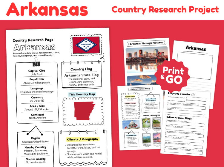 Arkansas State Research Project | US Geography & State Study Worksheets