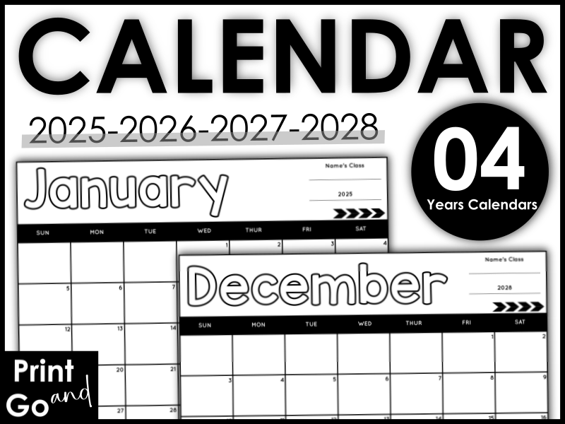 2025 2026 2027 2028 Blank Monthly Calendar Templates - 4 Years Calendars -