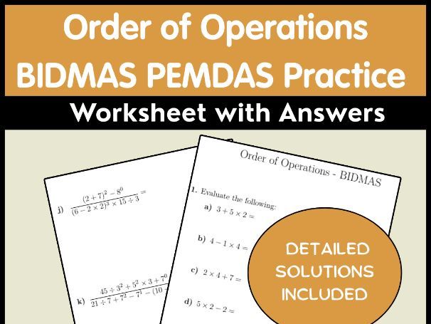Order of Operations BIDMAS PEMDAS Practice Worksheet with Answers