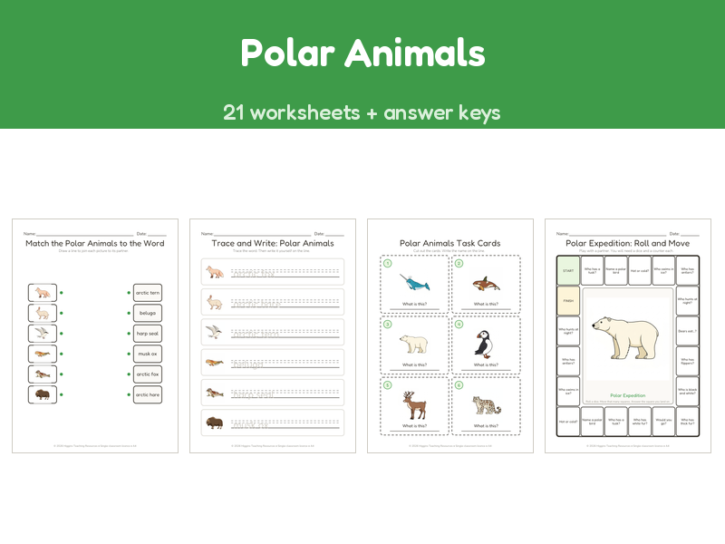Polar Animals | 21 No-Prep Worksheets + Answer Keys | Ages 5-7