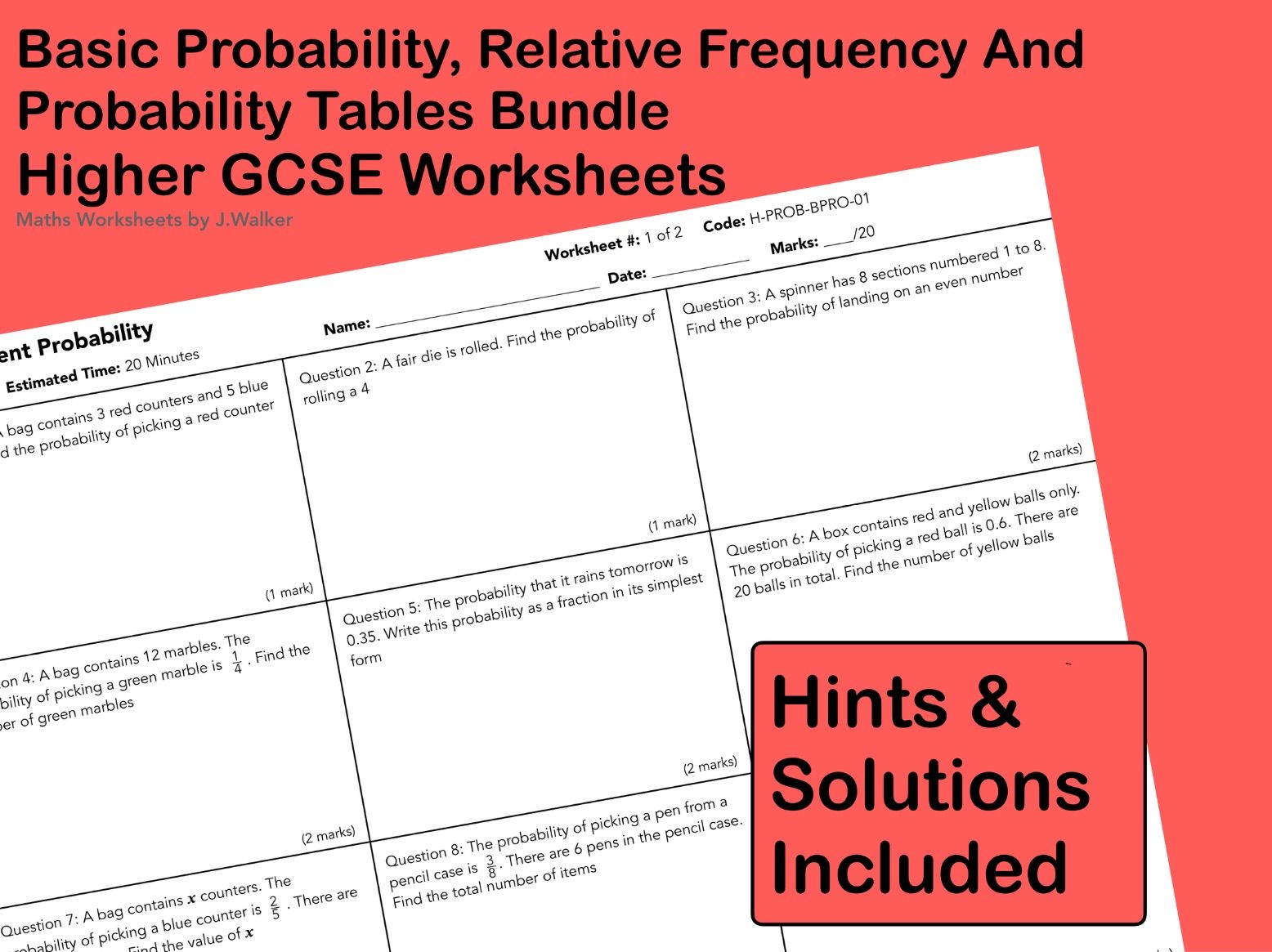 GCSE Maths: Basic Probability, Relative Frequency and Probability Tables Bundle - Higher Tier