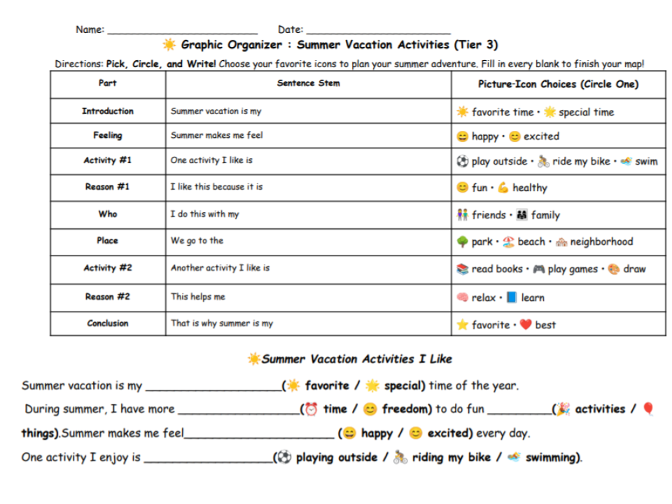 Summer Vacation Activities (Grades 3-4)