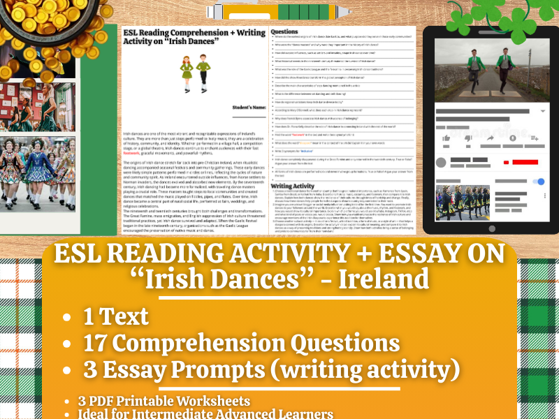 ESL Reading Comprehension + Writing Activity Worksheets - Irish Dances - Ireland