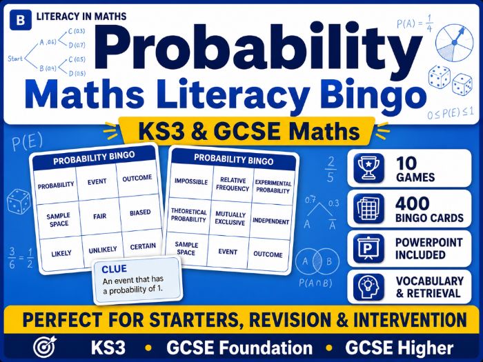 Probability Maths Literacy Bingo | KS3 & GCSE Vocabulary Retrieval | 10 Games
