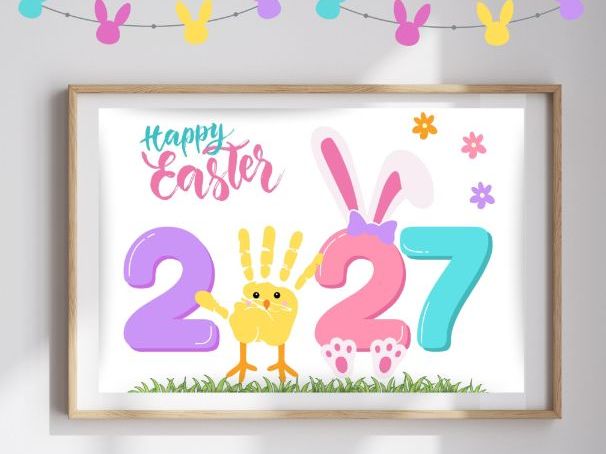 Happy Easter 2027 Handprint Craft | Chick & Bunny Printable Art for Preschool and Kindergarten