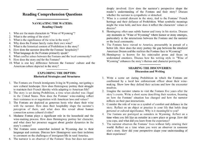 Wine of Wyoming by Ernest Hemingway with Reading Comprehension Questions