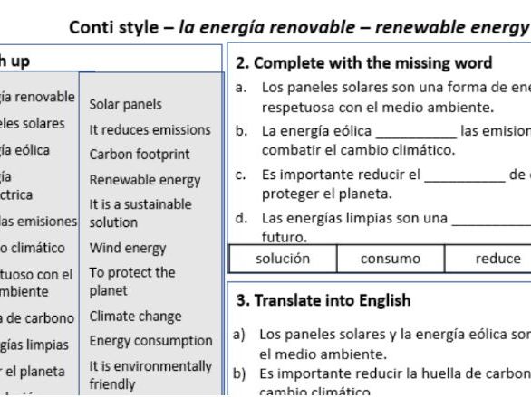 Renewable Energy / Green Technology in Spanish – Conti-Style Vocabulary & Practice Worksheet