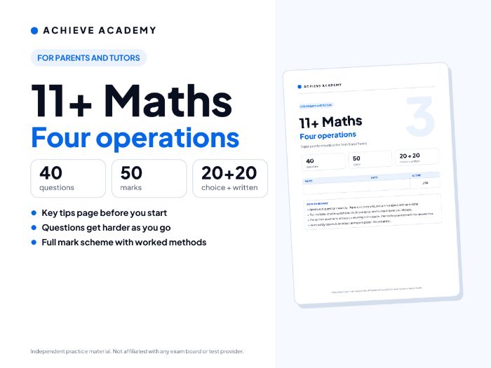 11+ Maths Topic Booklet: Four operations – Year 5/6 Practice with Mark Scheme