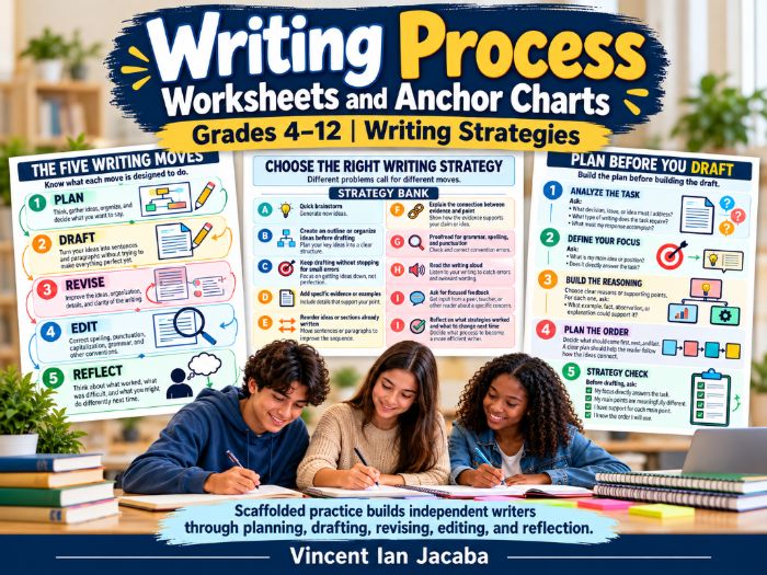 Writing Process Worksheets & Anchor Charts Grades 4–12 | Planning, Revising & Editing
