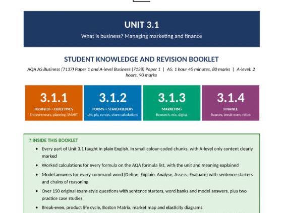 AQA AS & A-Level Business 7137/7138 | Unit 3.1 Marketing & Finance | 142-Page Revision Booklet