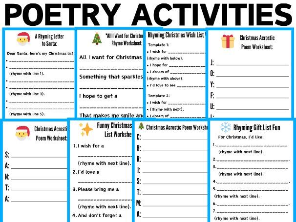 Christmas Poetry Writing Activities: Christmas Acrostic Poem & Rhyming Wish List Worksheets
