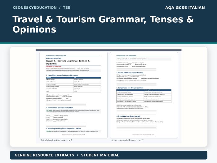 AQA GCSE Italian - Travel & Tourism Grammar, Tenses & Opinions