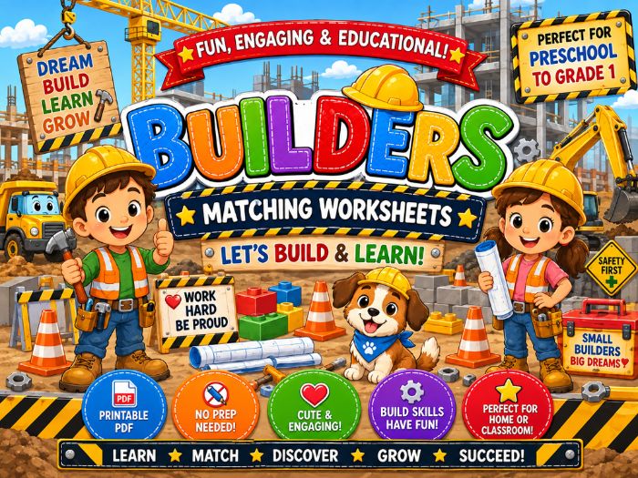 Construction Workers Matching Worksheets | Builders, Letters, Numbers, Shapes & Colors | Preschool–1
