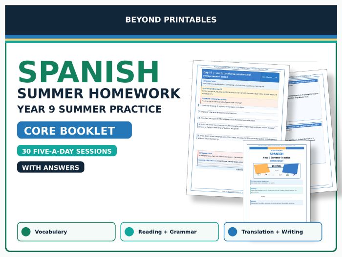 Spanish Summer Homework Booklet: Year 9 Summer Practice Core with Answers
