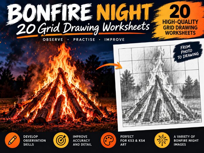 Bonfire Night Grid Drawing Worksheets – 20 Art Activities | KS3 & KS4 | Observational Drawing Skills