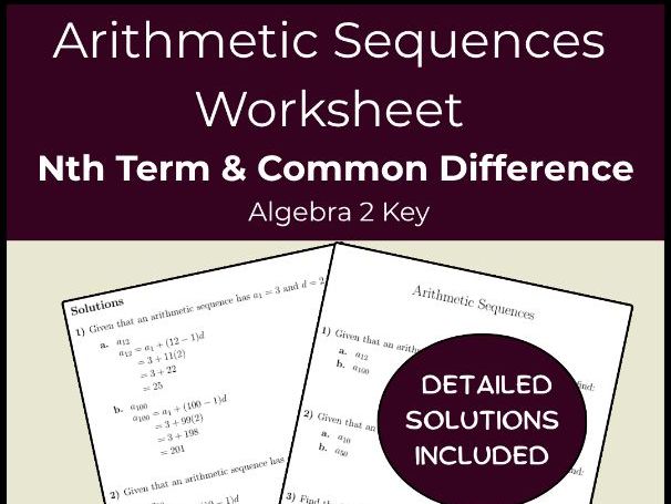 Arithmetic Sequences Worksheet | Nth Term & Common Difference | Algebra 2 Key