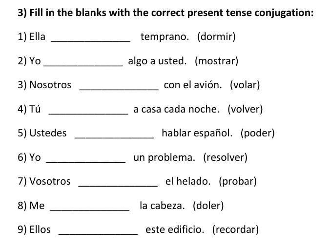 Spanish Stem Change O-->UE Verbs Worksheets