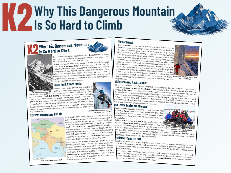 K2 Climbing Comprehension Activities