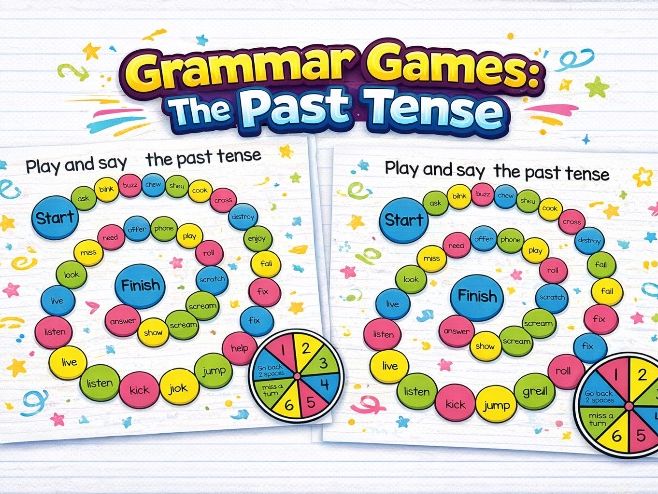 Colourful past tense game boards - Grammar, literacy, English, ESL EFL