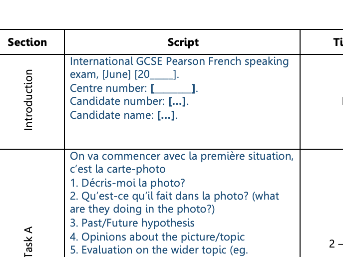 IGCSE French Speaking Exam Script