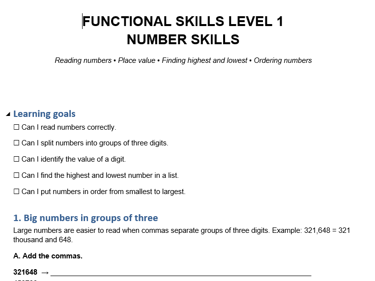 FUNCTIONAL SKILLS LEVEL 1 NUMBER SKILLS WORKSHEET