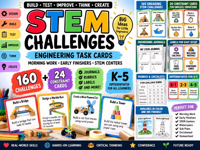 STEM Challenges K-5 | 160 Engineering Task Cards | Morning Work Early Finishers