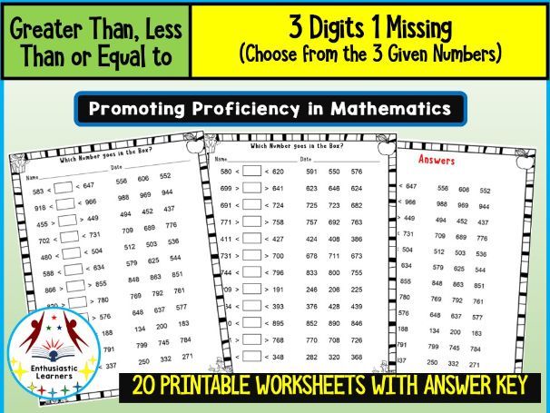 Greater Than, Less Than – Three-Digit, One Missing Number (Choose from 3 Given Numbers) | Worksheets