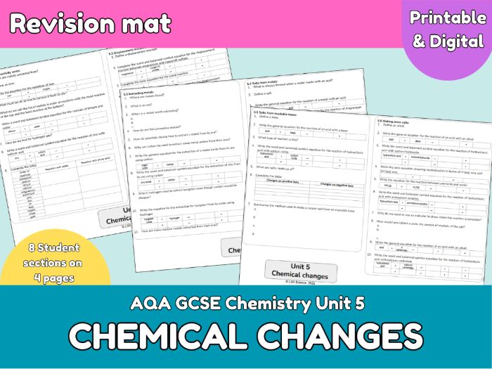 Chemical Changes Revision Mat | AQA GCSE Chemistry Unit 5 | Reactivity Series, Acids & Bases