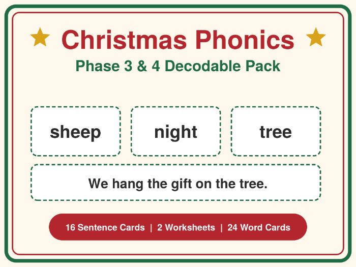 Christmas Phonics Pack | Phase 3 & 4 Decodable Sentences, Word Cards & Read and Draw | Reception, Ye
