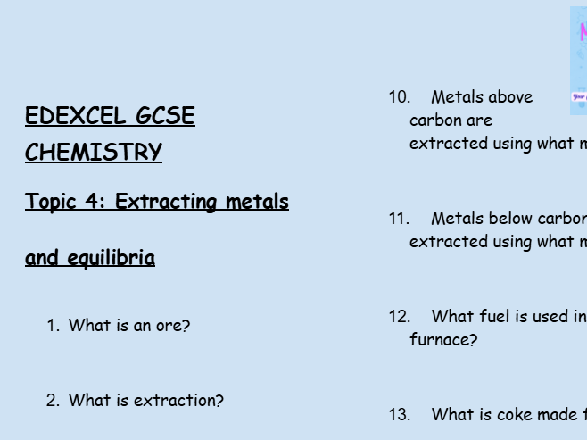 GCSE Edexcel Chemistry – Extracting Metals & Equilibria Worksheet (30 Retrieval Questions + Answers)