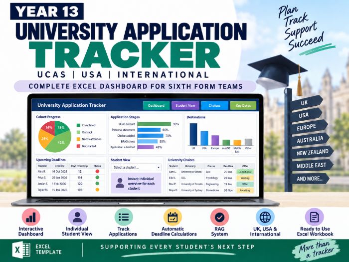 Year 13 University Application Tracker | UCAS, USA & International Applications | Excel Dashboard