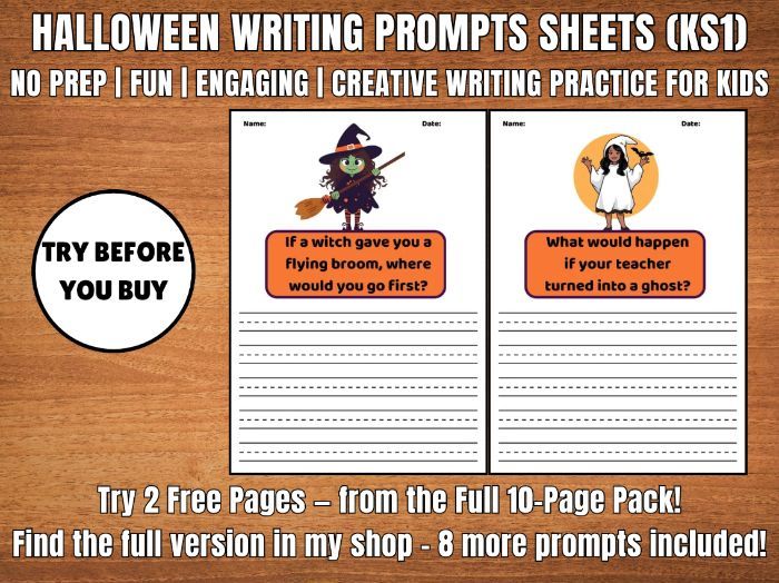 2 Free KS1 Halloween Writing Prompts Sample pages | No-Prep Creative Writing Activity for Classroom