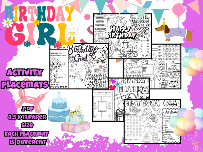 Happy Birthday Girl Activity Placemats-5 Pages