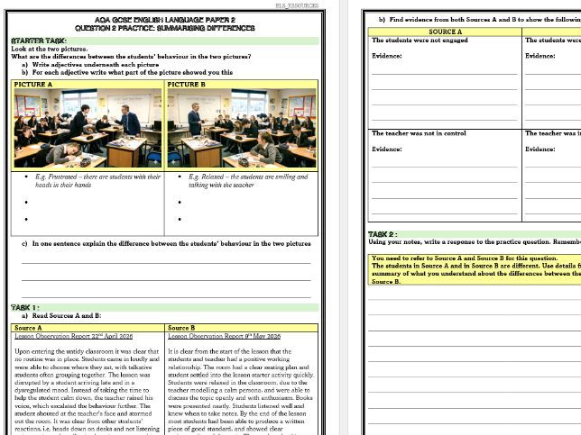 GCSE English Lang Paper 2 Ques 2: Summarising Differences Worksheets