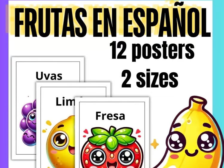 Spanish Fruit Flashcards and Posters – Classroom Decor for K-3rd Grade