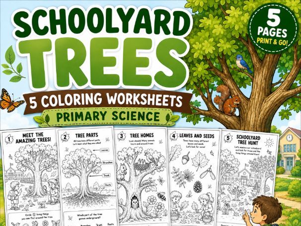 Schoolyard Trees | 5 Coloring Worksheets | Primary Science Activity | K-Grade 3