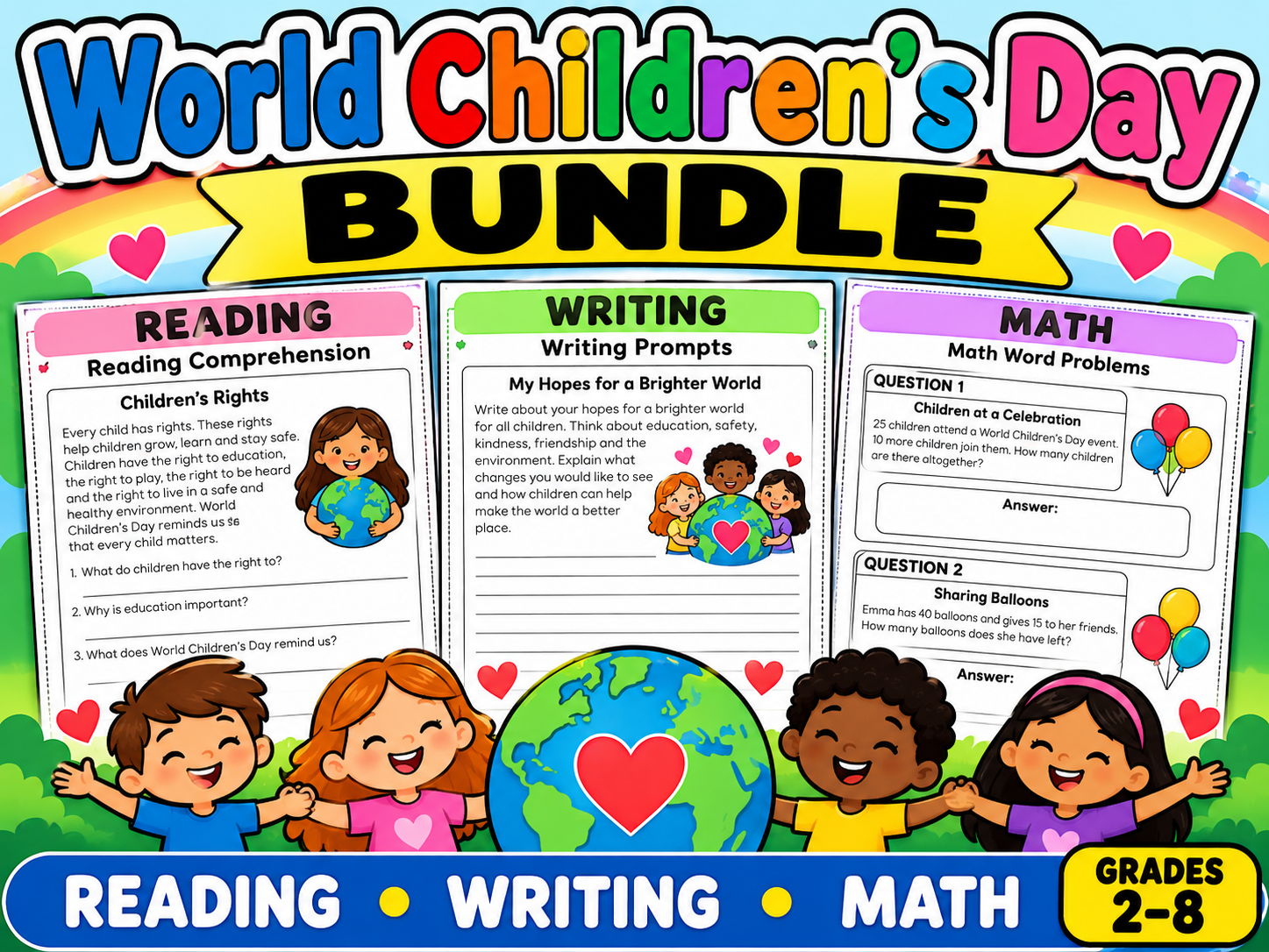 World Children’s Day Bundle | Reading, Writing & Math Activities Grades 2–8