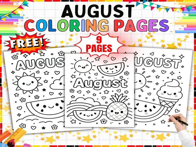 Free August Coloring Pages | 9 Page Coloring Sheets | Summer Fruit and Treats