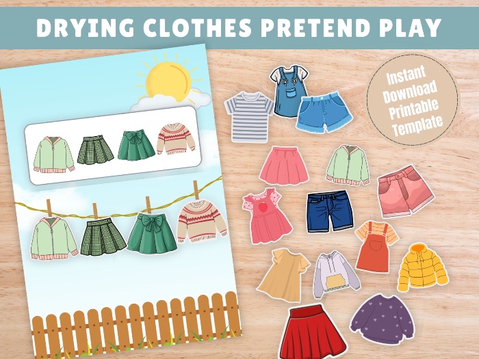 Pretend play drying clothes, preschool fun activity
