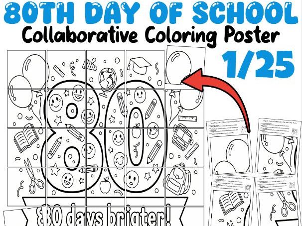 80th Day of School Collaborative Poster | Cut & Color Class Activity